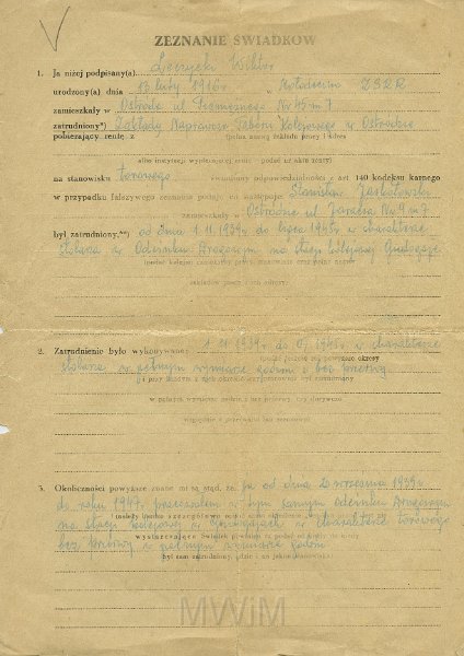 KKE 5423.jpg - Dok. Zeznanie sądowe świadka. Zeznanie Wiktora Leczyckiego w sprawie Stanisława Jaskółowskiego oraz jego zatrudnienia, Ostróda, 24 IV 1948 r.